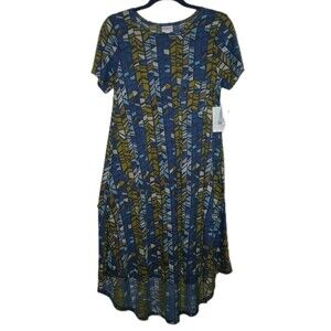 NWT LULAROE Womens S Carly Hi-Lo Hem Short Sleeve Pullover Blue Print Soft Dress
